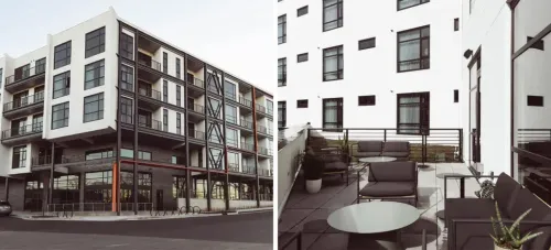 Exterior of the BentoLiving Chestnut Hill (left) and deck space at the BentoLiving Chestnut Hill (right)